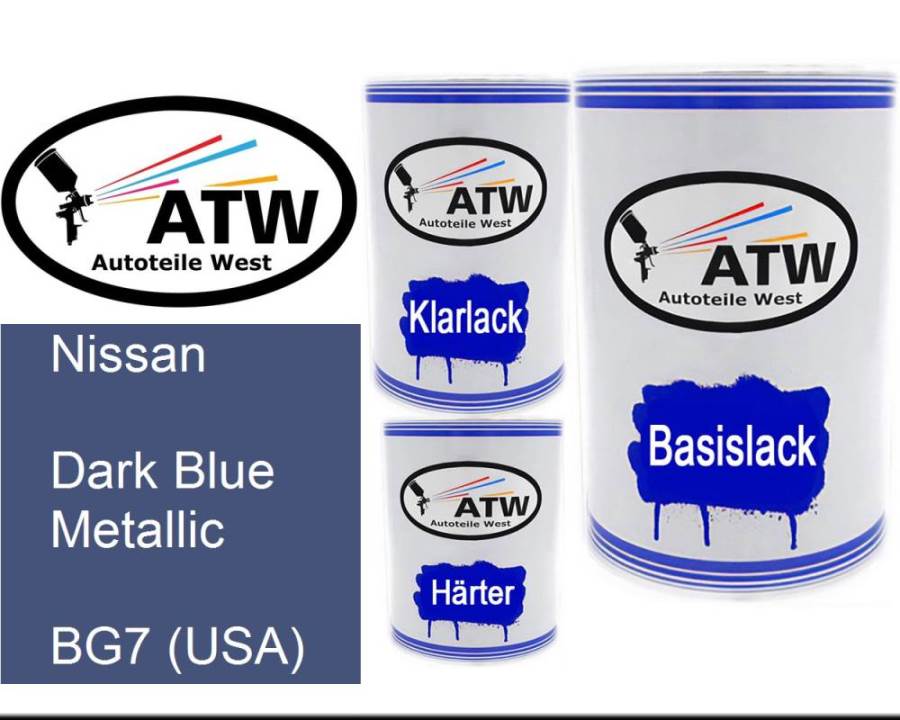 Nissan, Dark Blue Metallic, BG7 (USA): 500ml Lackdose + 500ml Klarlack + 250ml Härter - Set, von ATW Autoteile West.